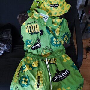 Strongbow button up shirt, board shorts, bucket hat, and socks